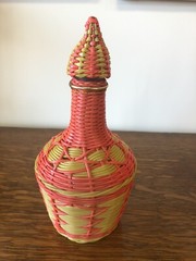 Vintage Plastic Wicker Wrapped Decanter Jug W/ Lid Neon Gimp Retro