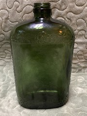 Vintage 1940s Green Wine Half Gallon Bottle 10” Tall, Glass Embossed Grape Vines