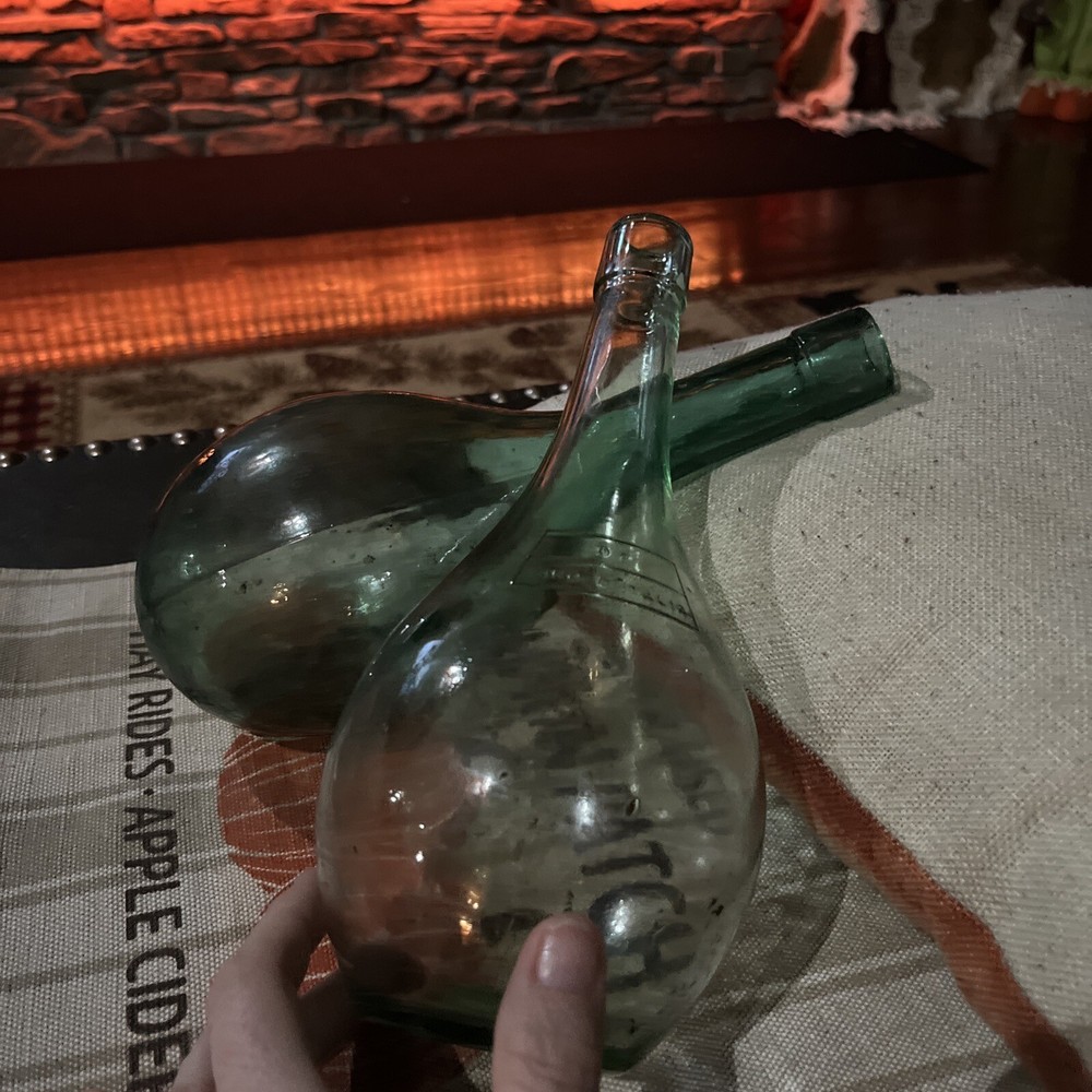 Antique Teal Hand Blown Torpedo Style Wine Bottles Round Bottom