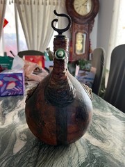 VTG Italian Green Glass Leather Wrapped Decanter Wine Bottle Galleon 12 in