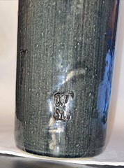 Salt Glazed Beameister Wine Bottle 11.25 Tall Dark Green, Ivory & Black 1960-70s