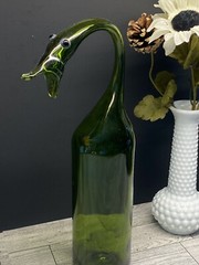 Vintage MCM Hand Blown Unique Goose Head Green Glass Round Bottom Wine Bottle