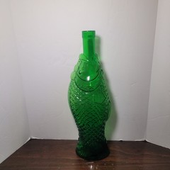 Vintage Fish Shaped Dark Green Glass Italian Wine Bottle Decanter 13&Prime;H F Mark