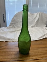 Vgt Green Glass Wine Bottle With Embossed Grape Designs, 11” Tall