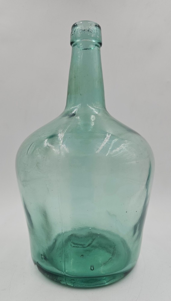 Antique 1860 Green 12&Prime; Wine Jug Valencia Glass Bottle Carbon Demijohn