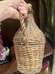 Vintage Rustic Woven Wicker Rattan Wine Bottle Demijohn Jug 13” Tall Aqua