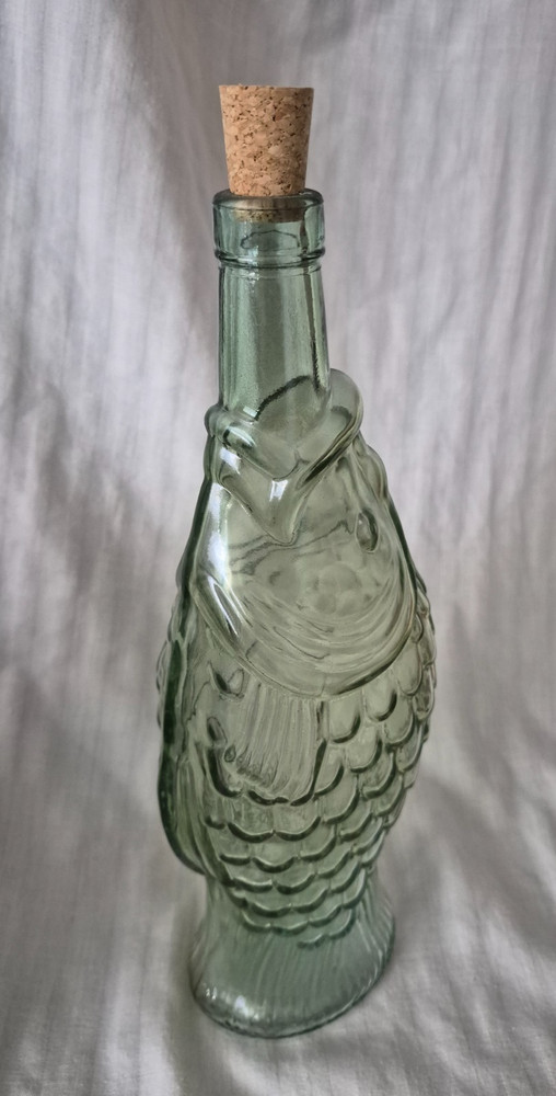 Vintage Fish Shaped Green Glass Wine Bottle 13” Tall Light Green Glass w/Cork