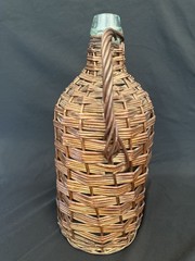 Antq Wicker Wrapped Aqua Glass Demijohn Wine Bottle 15” Tall French Farmhouse