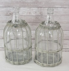 Vtg Pair 1 Gallon Glass Jugs Wicker Basket Wrap Demijohn Bottles Boho Farmhouse