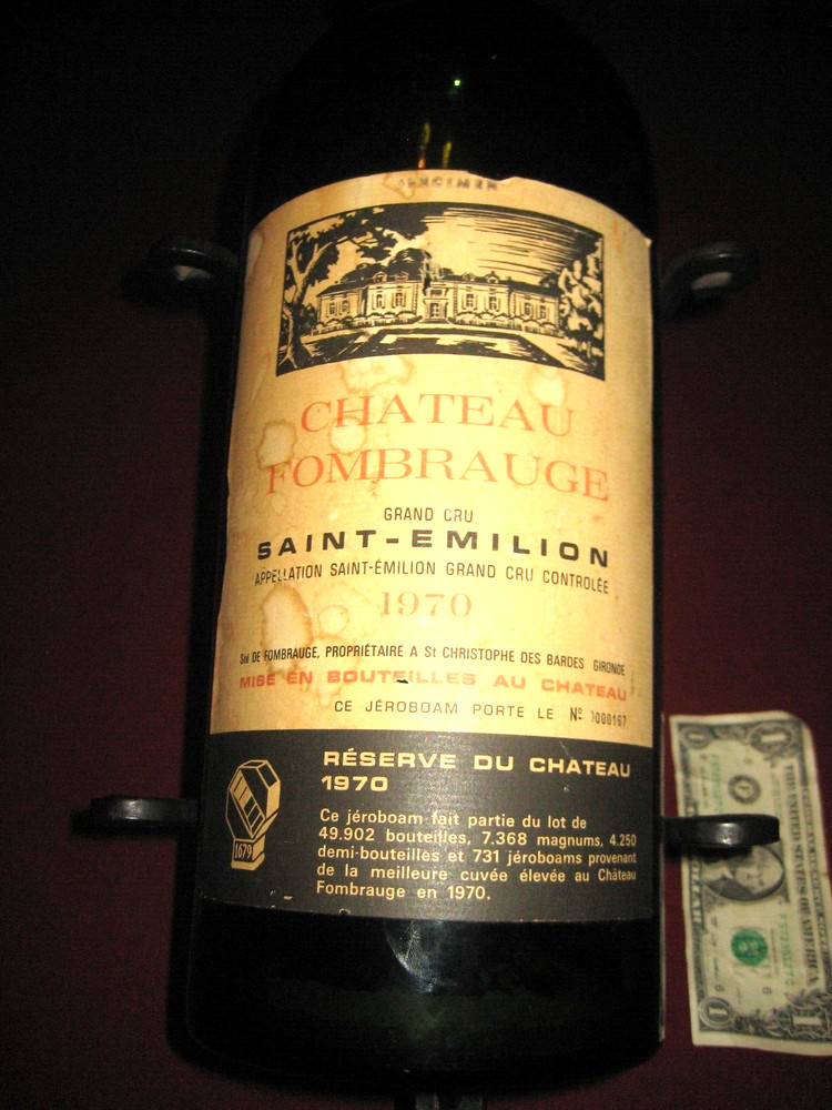 CHATEAU FOMBRAUGE SAINT EMILION 1970 EMPTY BOTTLE CAST IRON STAND GALLON? 24&Prime; L