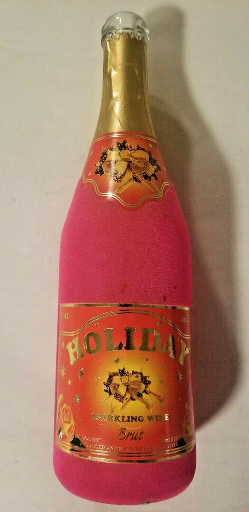 Festive Holiday Sparkling Wine Empty Bottle: Fuzzy Textured Hot Pink Color