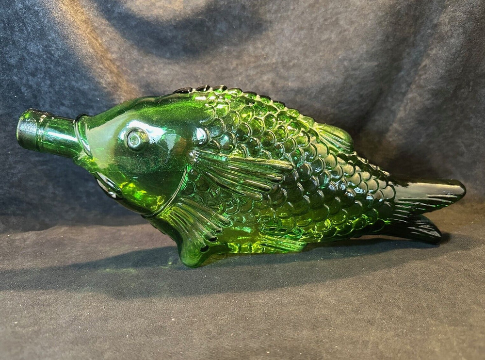 Vintage Green Glass Fish Shaped Decanter Wine Bottle 13 in.