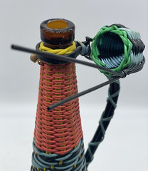 Vintage Plastic Colorful Wicker Wrapped Wine Bottle Decanter Made in Spain 14.5&Prime;