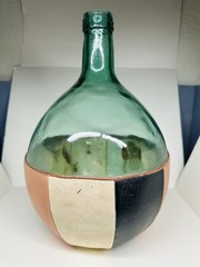 Mid-century Viresa Spain 5L Glass Green Demijohn Bottle Wine Leather Wrap READ