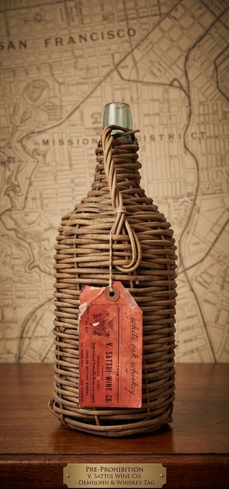 Rare Pre-Prohibition V. SATTUI WINE CO. SF Wicker Demijohn Bottle Original Tag
