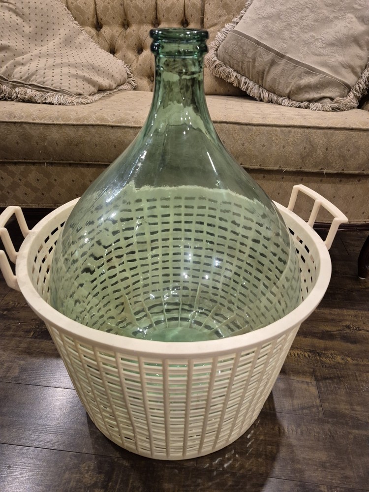 Emerald Green Glass Large Demijohn Wine Bottle in Plastic Basket Carboy EUC