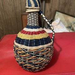Vintage Spain Wine Bottle Plastic Woven Wicker Handle Empty Boho