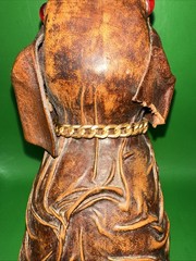 VINTAGE LEATHER WRAPPED ELEPHANT WINE BOTTLE WITH RED EYES AND GOLD CHAIN