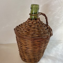 Vtg Wicker Wrapped Demijohn De Muller Spain Green Glass Wine Bottle 12.5”h x 8”w