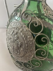 ANTIQUE 9.5” FILIGREE Wrapped Emerald GREEN GLASS Decanter