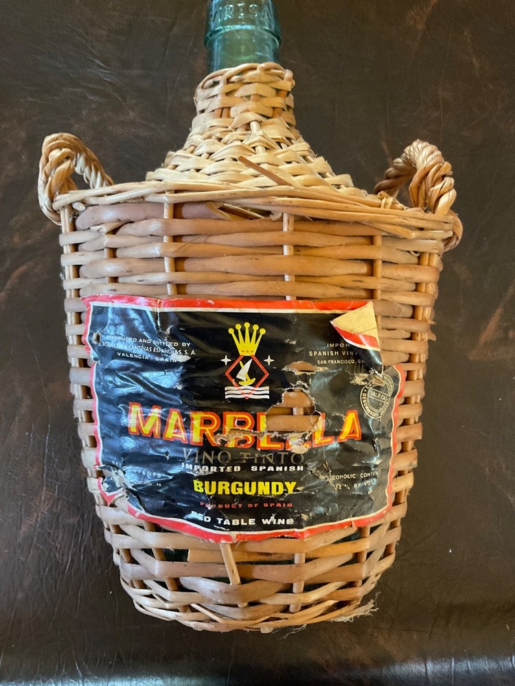 Vintage Wine Bottle Wrapped In Wicker 1 Gallon Green Glass Marbella Collectible