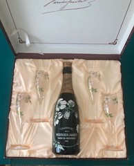 1988 Perrier Jouet Box Gift Set W/ Empty Bottle + Cork, 4 Flutes, Handcrafted