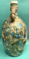 Vintage Green Glass Jug 4 L/1 GalHand decorated Decoupage w Faces 13&Prime; tall