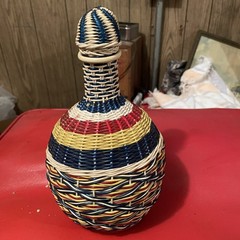 Vintage Spain Wine Bottle Plastic Woven Wicker Handle Empty Boho