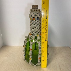 VTG MCM Macrame Green Glass Bottle Wood Beads Boho 12” Retro 70s Genie