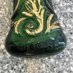VINTAGE 17”- “CHIANTI” GREEN/GOLD GLASS PISTOL DECANTER-EMPTY