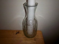 Clear-blue/green Glass Wine Carafe 10&Prime; Vtg Paul Masson Since 1852, bldg on front