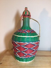 Vintage Viresa Spain Wine Bottle Plastic Woven Wicker Metal Handle Empty Boho