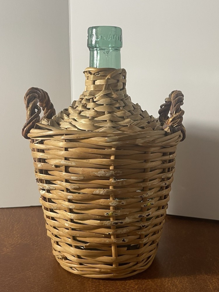 Vintage V. Levante Spanish wicker covered green glass demijohn bottle See Pics