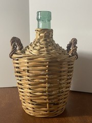Vintage V. Levante Spanish wicker covered green glass demijohn bottle See Pics
