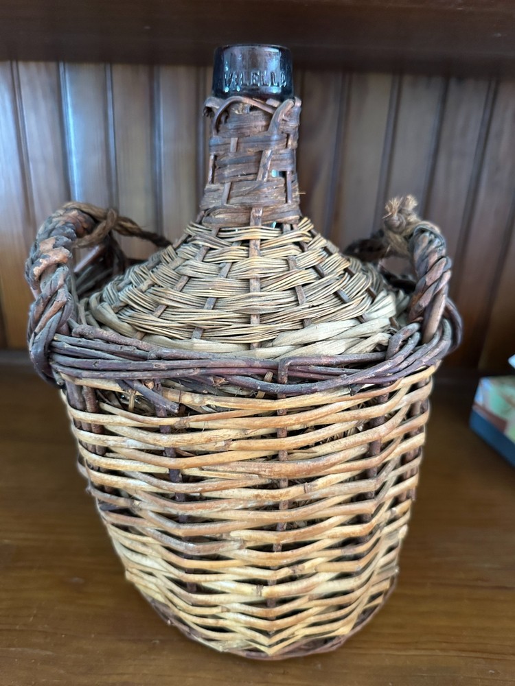 Vintage VILELLA Spain Amber Glass Wicker Wrapped Demijohn Wine Jug Rustic Decor