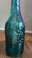 Vintage Teal Glass Bottle 11.25&Prime;H Grape Motif Spanish Glass Wine Carafe