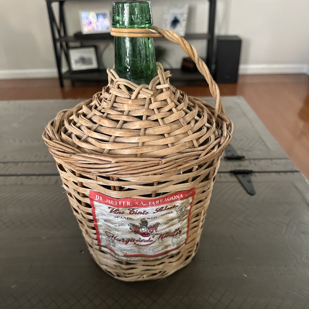 Vintage Wicker Wrapped Green Glass Bottle Demijohn Barware 13”tall