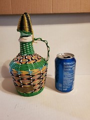 Vintage Plastic Wicker Wrapped Glass Bottle Decanter Woven Spanish Burgundy 1959