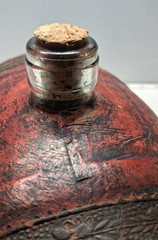 Rare Old Leather Wrapped Wine Barrel,Cork Top Glass Keg & Brass Tap,Vinegar Jar
