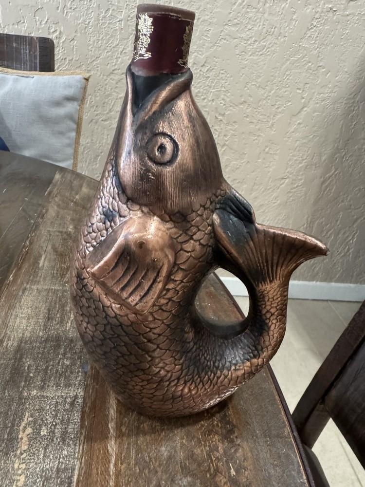 KINDZMARAULI GEORGIAN CERAMIC CLAY FISH SHAPED EMPTY RED WINE BOTTLE BRONZE