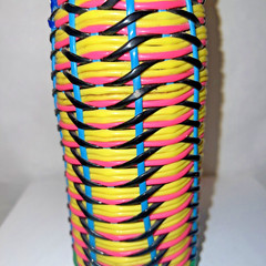 Vintage Viresa Plastic Wicker Wrapped Wine Bottle Boho Chic Spain colorful 15&Prime; H