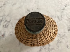 Vintage Coracle Green Glass Wicker Wrapped Bottle ( 9 inches tall )