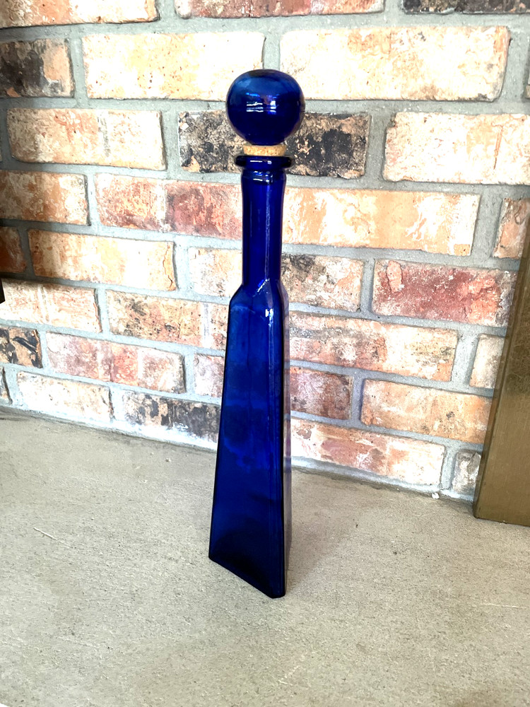 Cobalt Blue Triangle Vintage 17 » tall wine or water bottle w/glass cork stopper