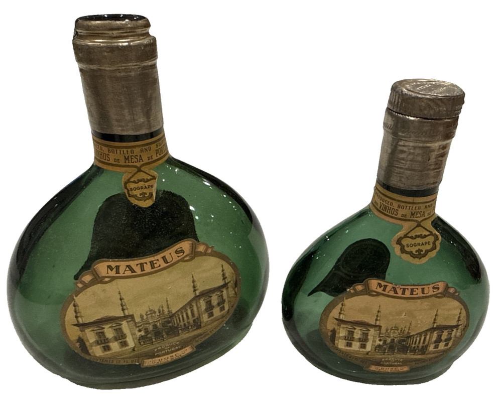 Set of 2 Vintage Green Mateus Rose Portugal Sogrape Still Empty Wine Bottles