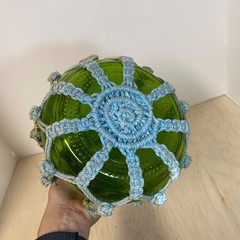 VTG MCM Macrame Green Glass Bottle Wood Beads Boho 12” Retro 70s Genie