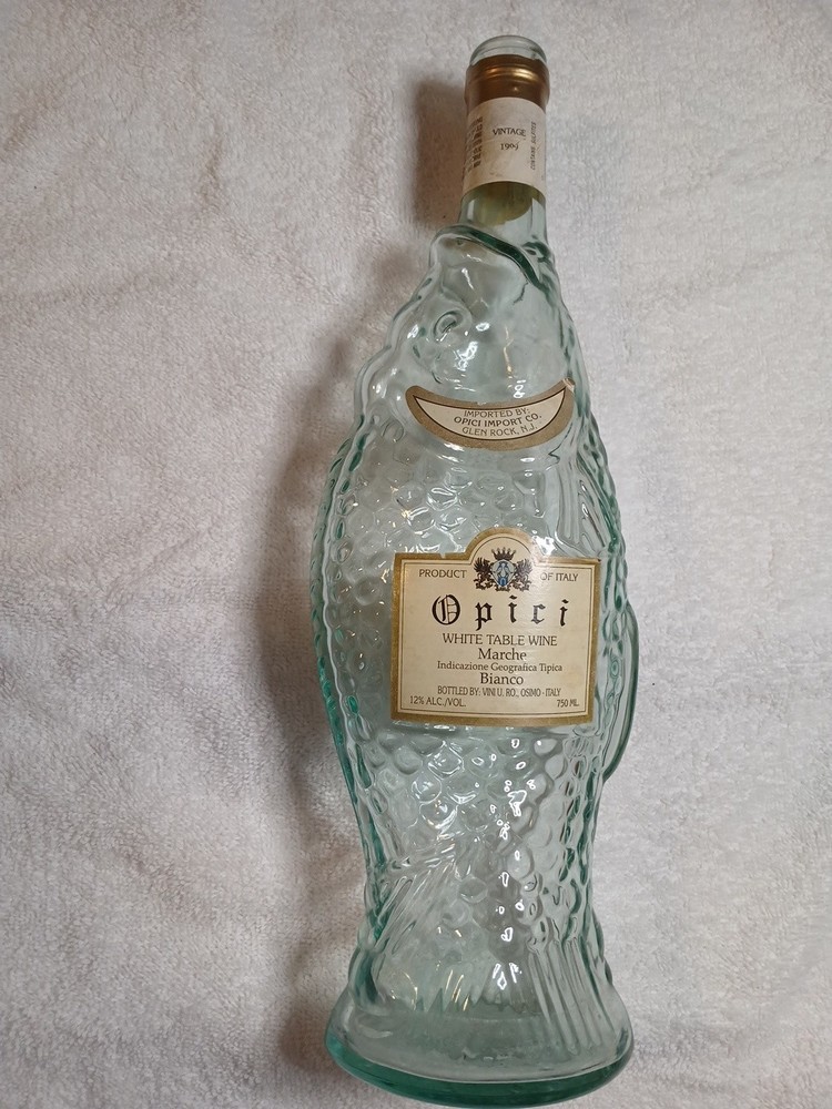 Vintage Green Glass Fish Shaped Wine Bottle 13&Prime; Empty Opici Pescevino Marche