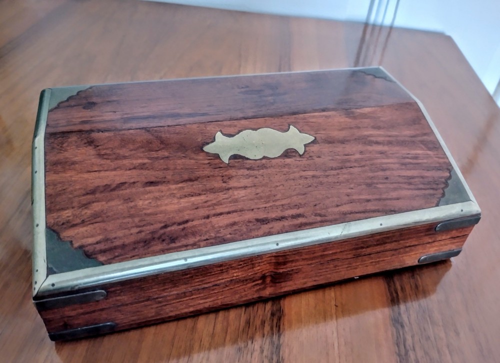 Antique Rosewood or Mahogany Wood Keepsake Box with Brass Inlays