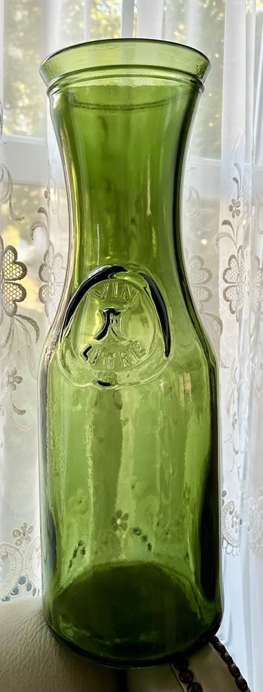 Vintage Vin Litre Heavy Green Glass Decanter Carafe French Wine 6.5” w 18.5” h