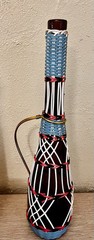VTG MCM 2 Wicker Wrapped Scoubidou Wine Bottles Multicolor 15 & 17” Tall