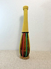 VTG MCM Amber Glass Norleans Spain Decanter Bottle Scoubidou Woven Vinyl Wicker